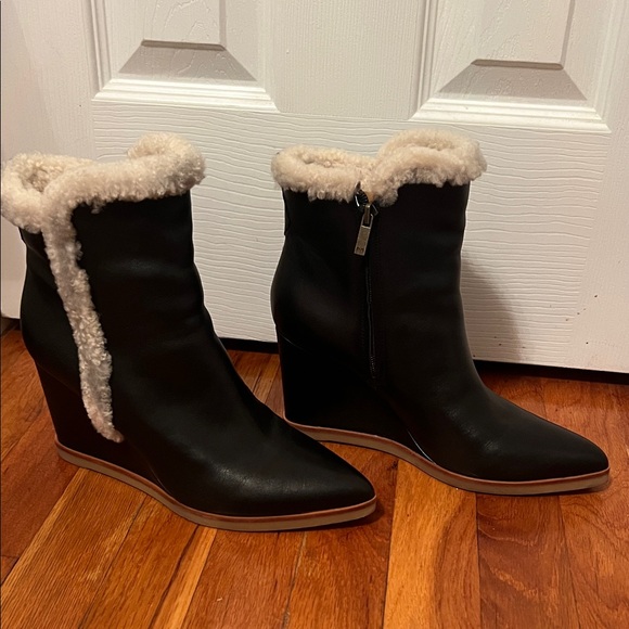 Marc Fisher Black Wedge Boots with Shearling Trim - Picture 1 of 7